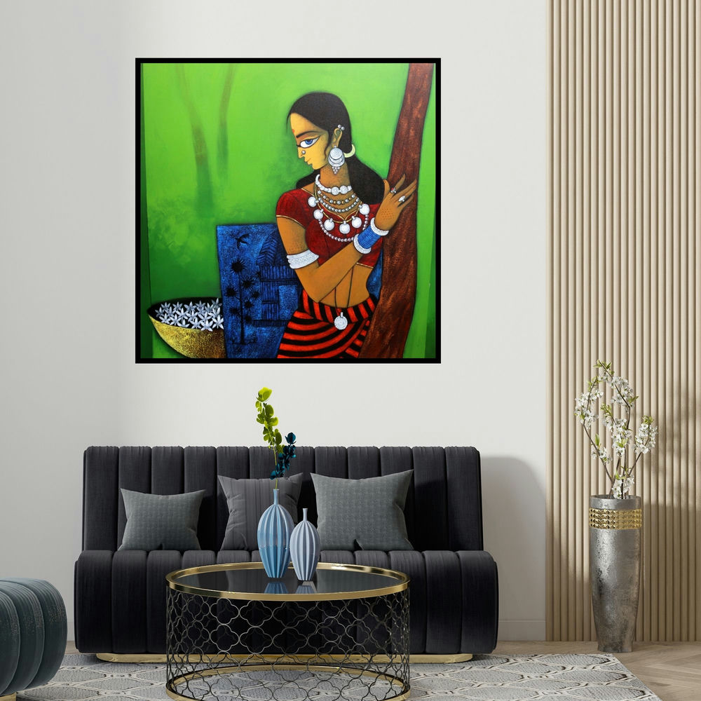 Gajraj Chavan's 'Lady With Flower' painting visualized above a sofa in a contemporary room.