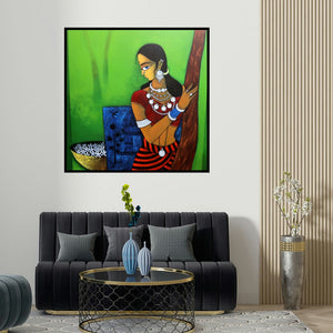 Gajraj Chavan's 'Lady With Flower' painting visualized above a sofa in a contemporary room.