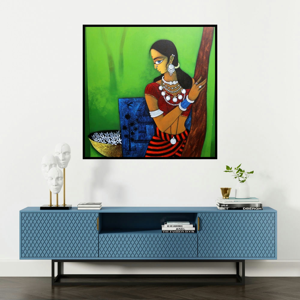 'Lady With Flower' painting by Gajraj Chavan shown on a wall in a furnished room.