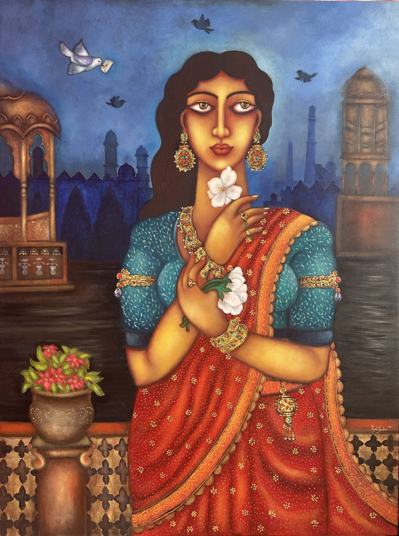 'A Lady In The Fort' figurative acrylic painting by artist Piyali Sarkar, 40x30 inch, on canvas