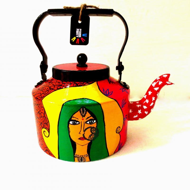 Lifestyle craft titled 'Lady in Green Tea Kettle', 9x9x7 inches, by artist Rithika Kumar on Aluminium