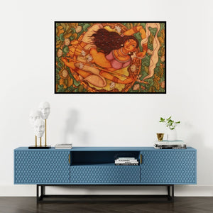 Preview of 'A Lady In The Lily Pond' Painting by Manikandan Punnakkal shown on a wall in a furnished room.