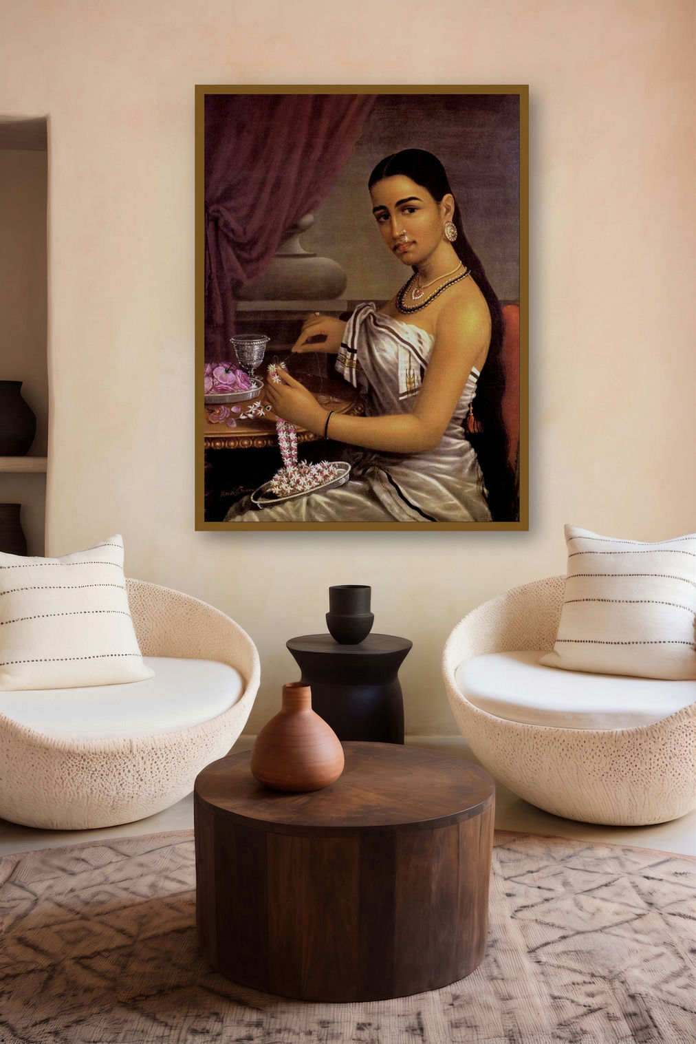 Lady Making Garland (Crafting Beauty: A Moment of Creation) by artist Raja Ravi Varma displayed in a Modern gallery