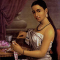 Figurative oil painting titled 'Lady Making Garland', 36x25 inches, by artist Raja Ravi Varma Reproduction on Canvas