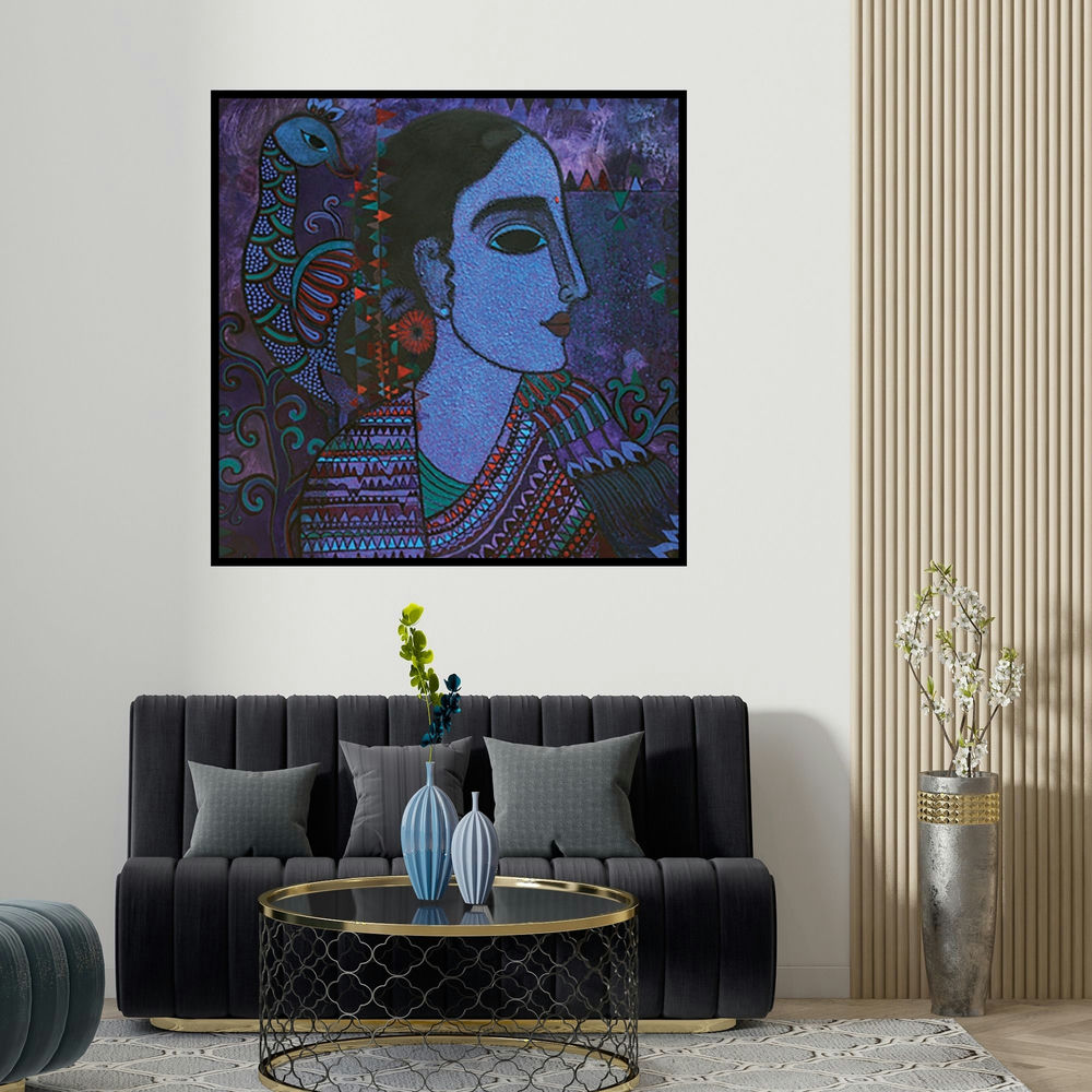 Mamta Mondkar's 'Lady With Peacock (Enchanted Muse: A Symphony of Colors)' painting visualized above a sofa in a contemporary room.