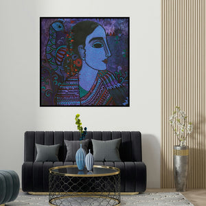 Mamta Mondkar's 'Lady With Peacock (Enchanted Muse: A Symphony of Colors)' painting visualized above a sofa in a contemporary room.