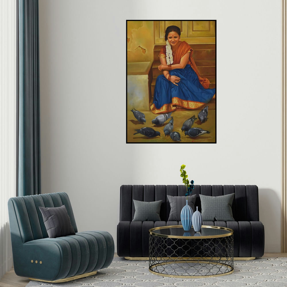 Kamal Rao's 'Lady With Pigeons (A Girl's Gentle Offering)' painting visualized above a sofa in a contemporary room.