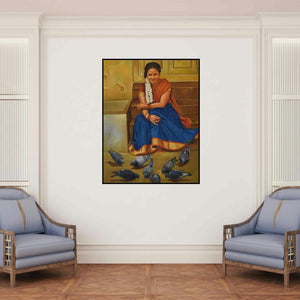 'Lady With Pigeons (A Girl's Gentle Offering)' painting by Kamal Rao shown on a wall in a furnished room.