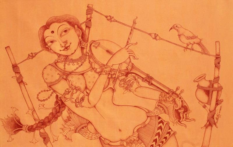 Figurative acrylic painting titled 'Lady Playing Goshawati', 30x48 inches, by artist Manikandan Punnakkal on Canvas