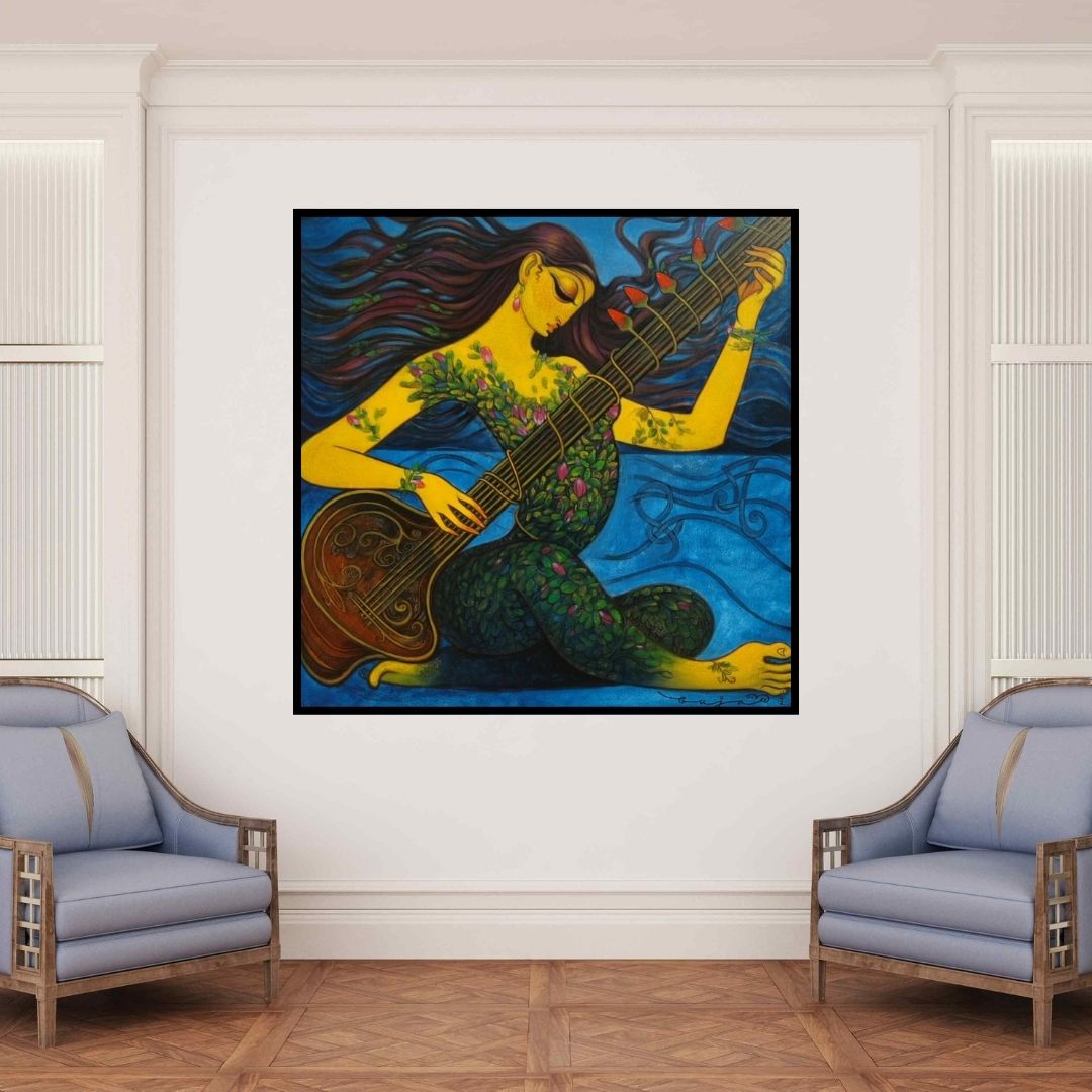 In-situ view of Ramesh Gujar's 'Lady Playing Sitar' painting in a room