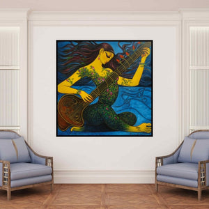 In-situ view of Ramesh Gujar's 'Lady Playing Sitar' painting in a room