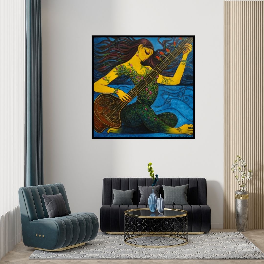 Preview of 'Lady Playing Sitar' Painting by Ramesh Gujar shown on a wall in a furnished room.