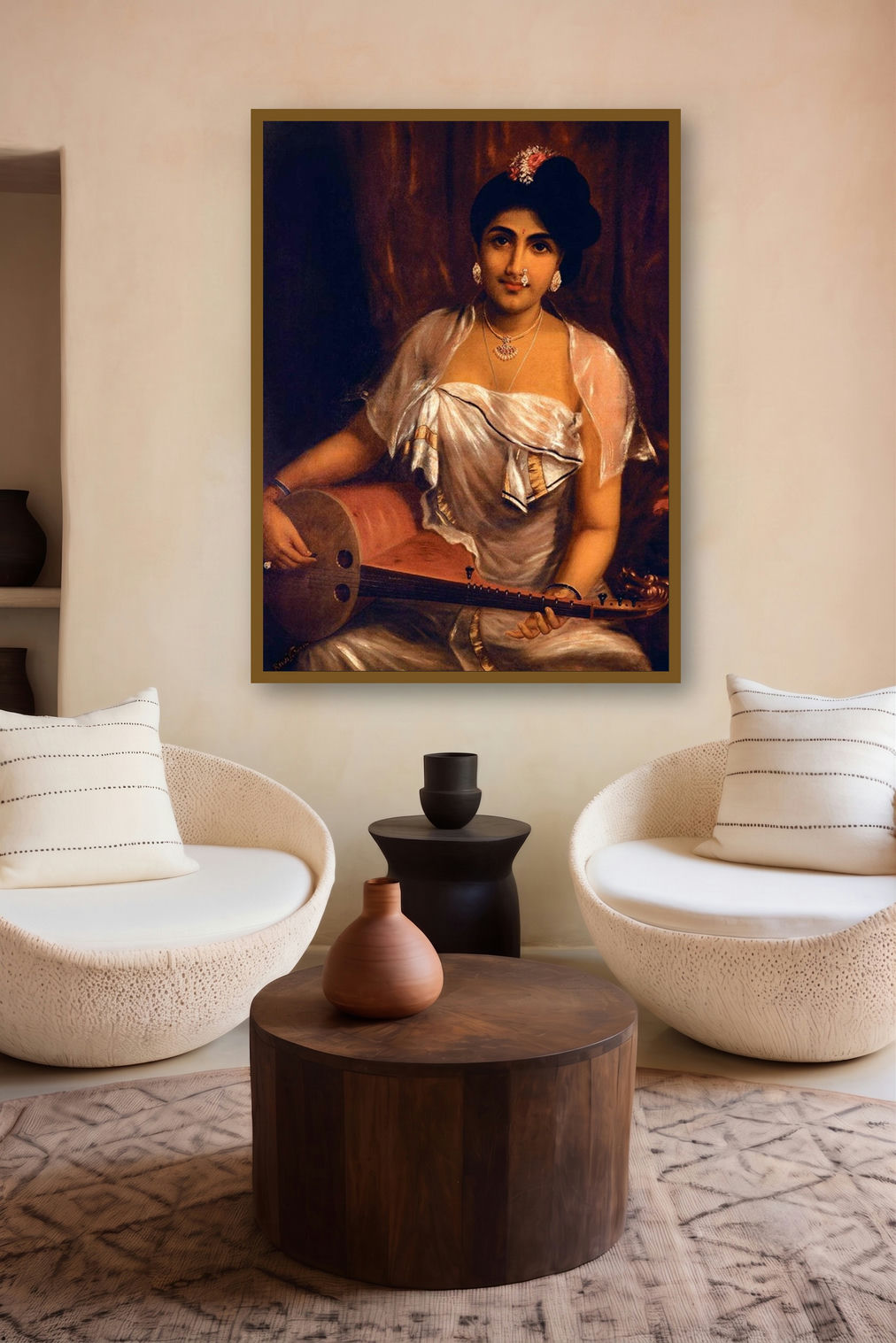 Lady Playing The Veena (The Melodic Muse) by artist Raja Ravi Varma displayed in a Minimalist gallery