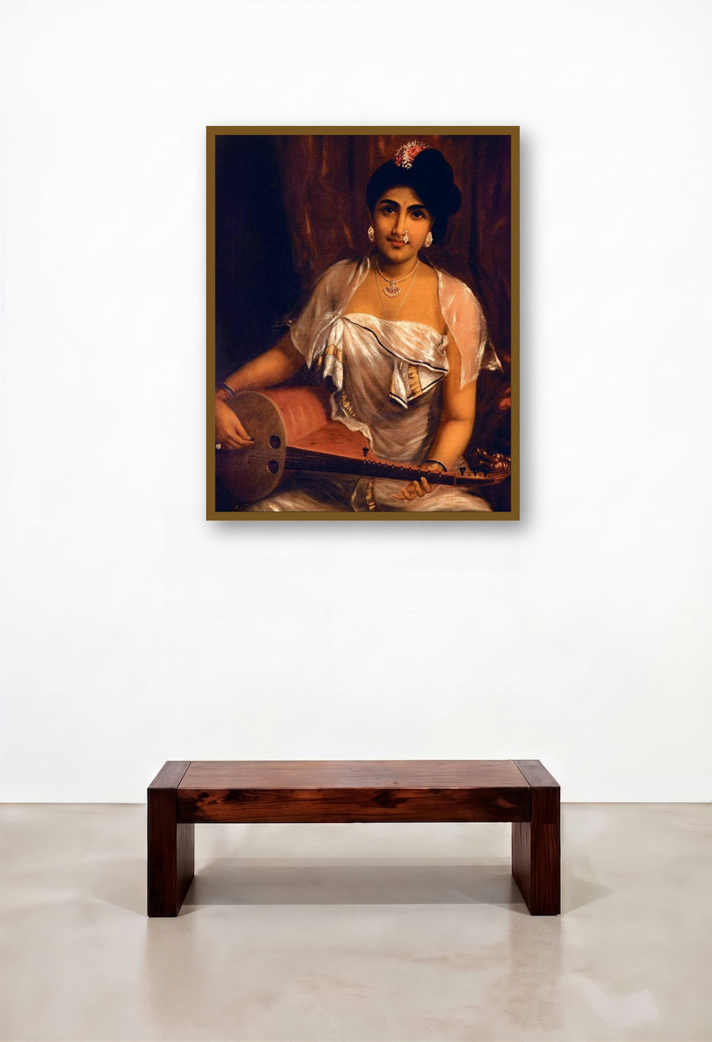 Lady Playing The Veena (The Melodic Muse) by artist Raja Ravi Varma displayed in a Elegant Bedroom