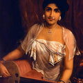 Figurative oil painting titled 'Lady Playing The Veena', 36x26 inches, by artist Raja Ravi Varma Reproduction on Canvas