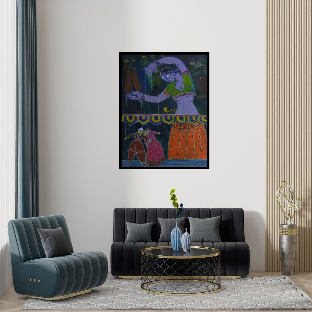 Preview of 'Lady With A Puppet 3 (The Puppet Master)' Painting by Santanu Nandan Dinda shown on a wall in a furnished room.