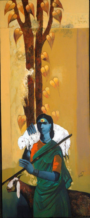 Lady Shepherd (Guardian of the Flock) by Raosaheb Gurav, Original Acrylic Figurative Painting on Canvas, Large Vertical Wall Art