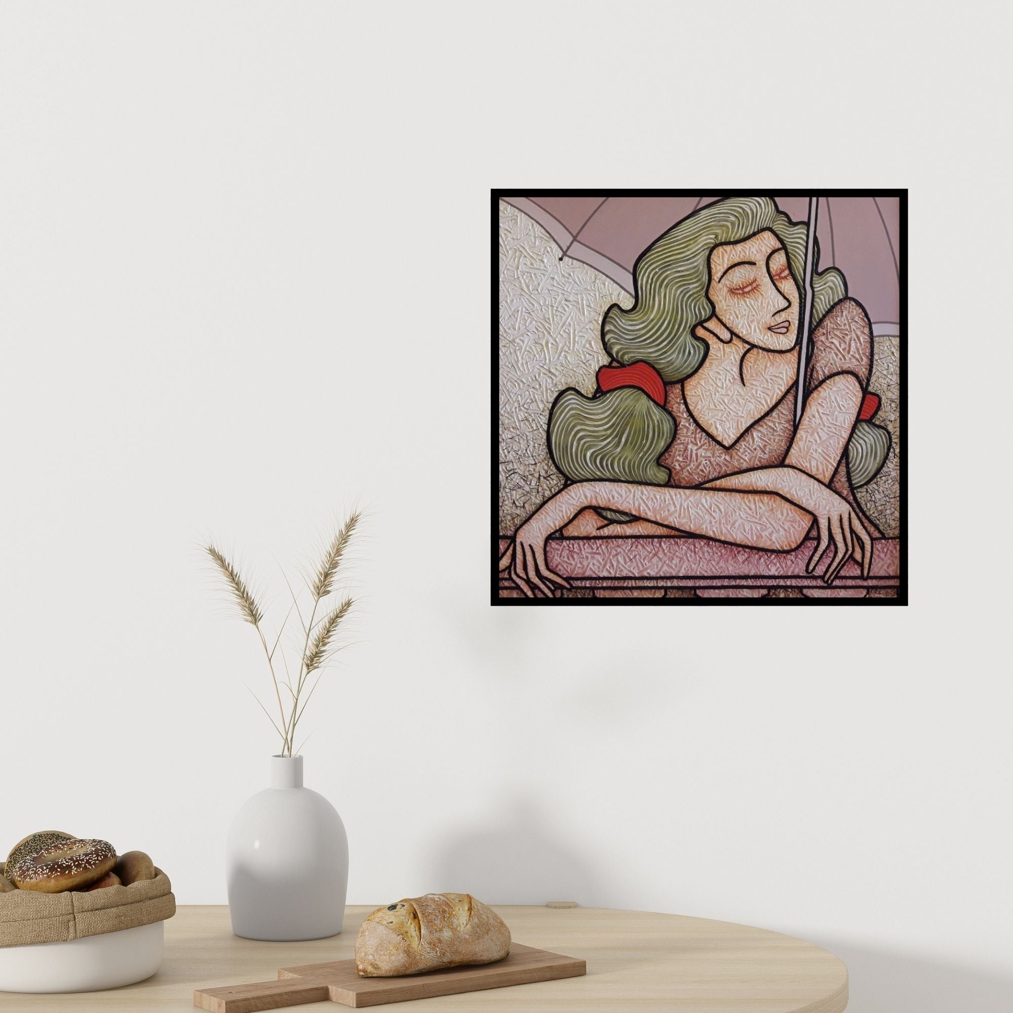 In-situ view of Sibsaday Chaudhuri's 'Lady With Umbrella (The Umbrella Lady)' painting in a room