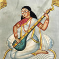 Lady Veena' figurative kalighat Traditional Art by artist Anwar Chitrakar, 22x14 inch, on paper
