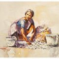 Lifestyle watercolor painting titled 'Lady washing clothes', 14x10 inches, by artist Soven Roy on Handmade Paper