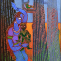Figurative acrylic painting titled 'Lady With A Puppet 1', 46x34 inches, by artist Santanu Nandan Dinda on Canvas