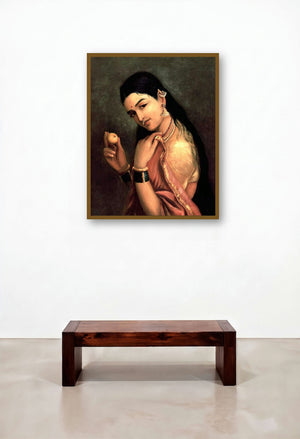 Lady With Lemon (A Moment of Refreshment) by artist Raja Ravi Varma displayed in a Traditional Hallway