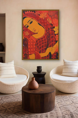 Lady With Lotus (Lotus Blossom: A Womans Grace) by artist Mamta Mondkar displayed in a Minimalist gallery