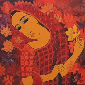 Lady With Lotus (Lotus Blossom: A Womans Grace) by Mamta Mondkar, Original Acrylic Figurative Painting on Canvas, Medium Square Wall Art
