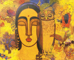Lady With Owl (The Wise Guardian) by Mamta Mondkar, Original Acrylic Figurative Painting on Canvas, Large Horizontal Wall Art