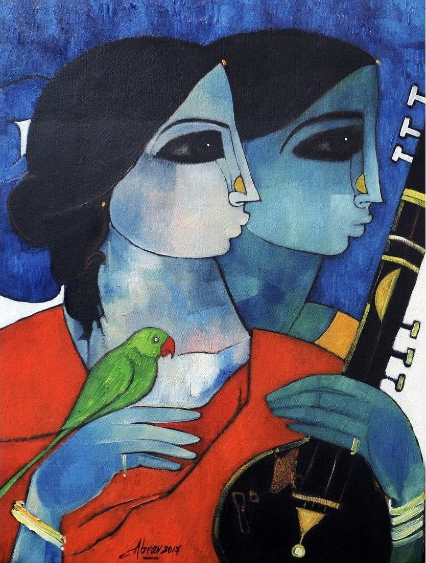 Figurative oil painting titled 'Lady With Parrot', 18x24 inches, by artist Abrar Ahmed on Canvas
