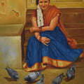 Figurative oil painting titled 'Lady with Pigeons', 36x48 inches, by artist Kamal Rao on Canvas