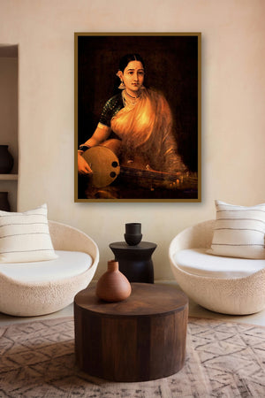 Lady With Swarbat (A Contemplative Pause) by artist Raja Ravi Varma displayed in a Curated gallery