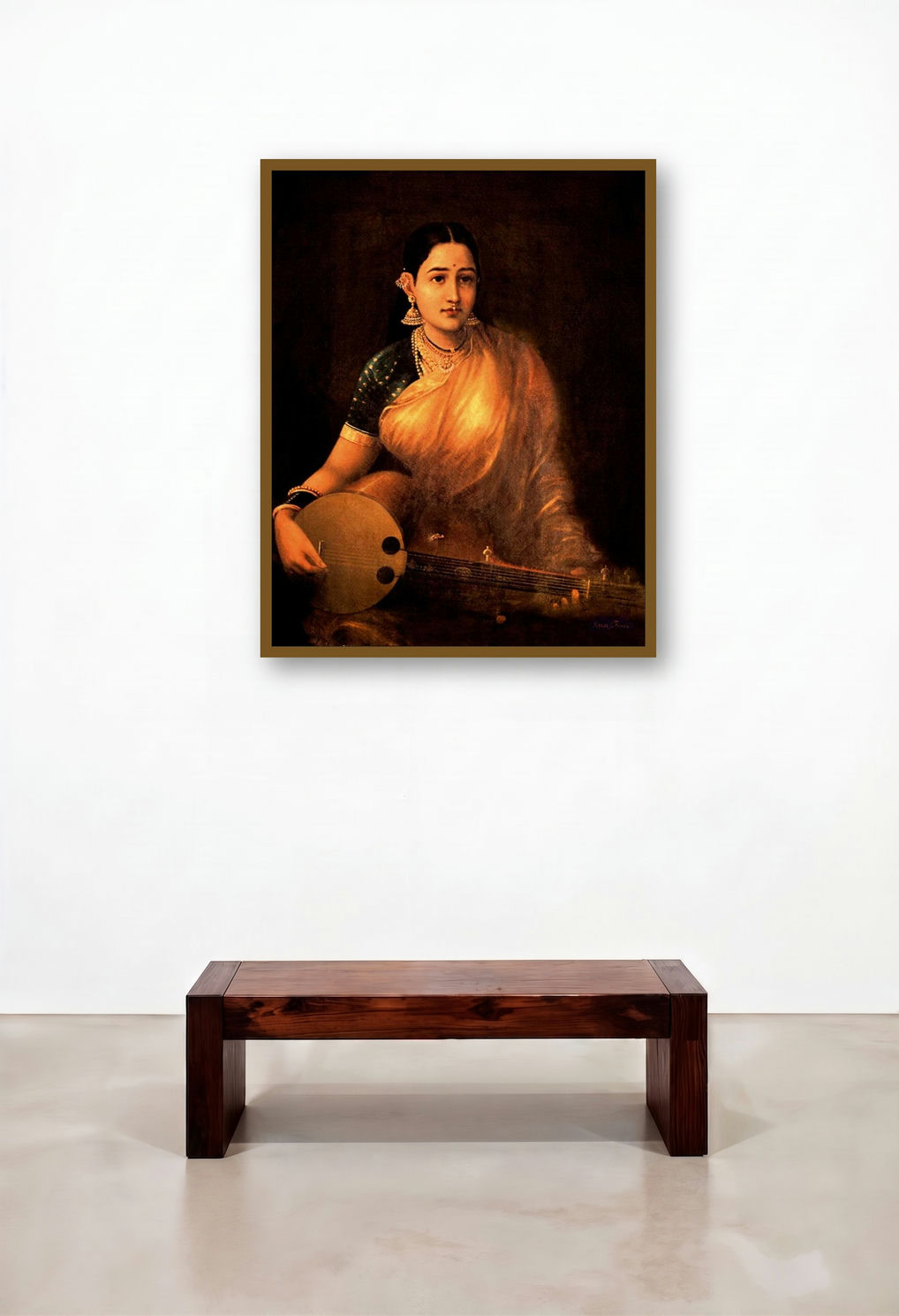 Lady With Swarbat (A Contemplative Pause) by artist Raja Ravi Varma displayed in a Mid-Century Modern Library