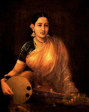 Lady With Swarbat (A Contemplative Pause) by Raja Ravi Varma, Print Oil Figurative Painting on Canvas, X-Small Vertical Wall Art