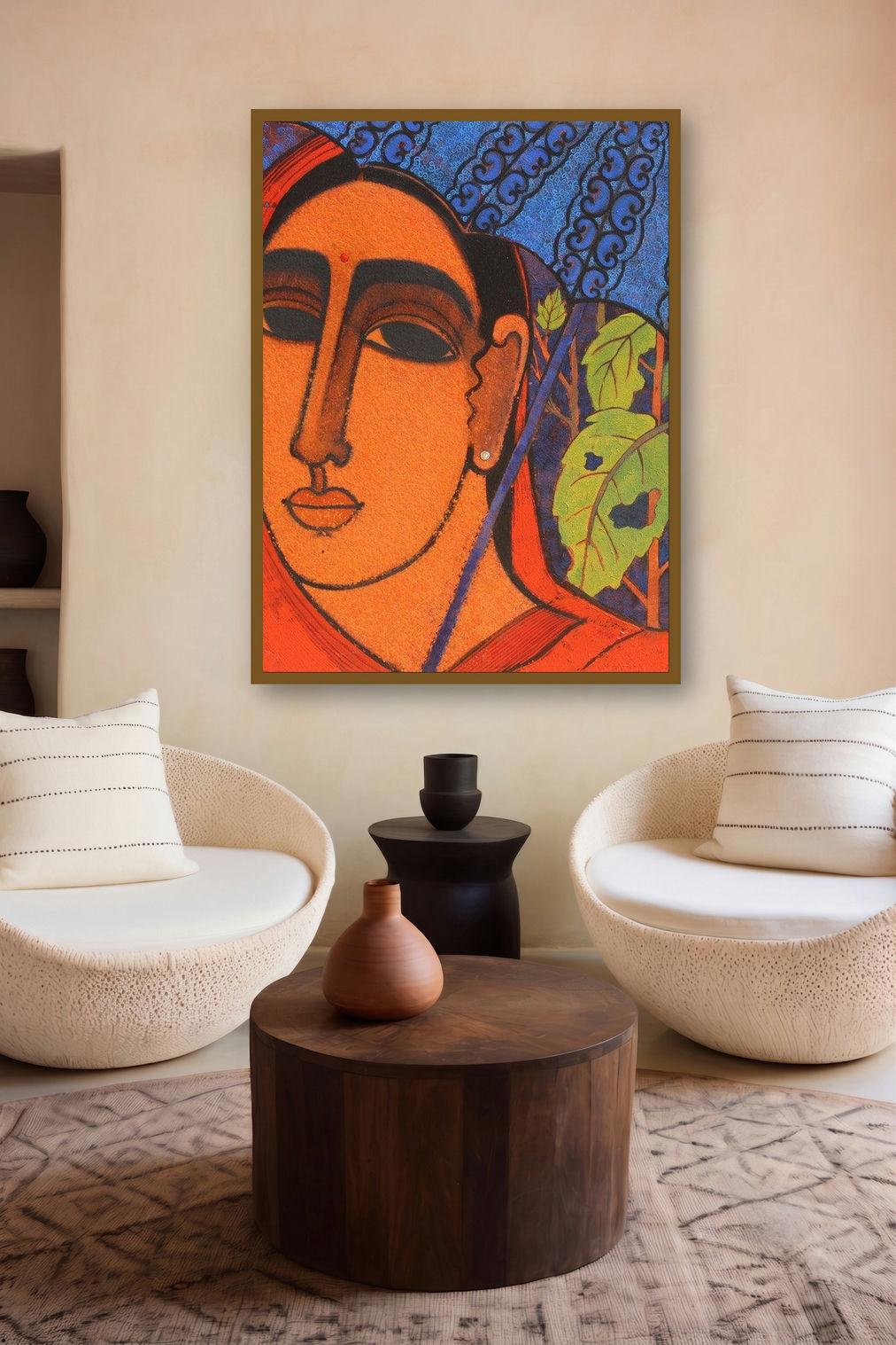 Lady With Umberella (Whispers of the Forest: A Portrait in Hues) by artist Mamta Mondkar displayed in a Minimalist gallery
