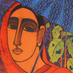 Lady With Umberella (Whispers of the Forest: A Portrait in Hues) by Mamta Mondkar, Original Acrylic Figurative Painting on Canvas, Medium Square Wall Art