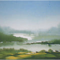 Landscape watercolor painting titled 'Lake', 13x10 inches, by artist Fareed Ahmed on Paper