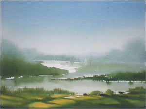 Lake by Fareed Ahmed, Original Watercolor Landscape Painting on Paper, X-Small Horizontal Wall Art