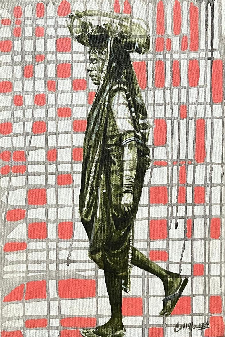 'Laksh 2' figurative acrylic painting by artist Navnath Kshirsagar, 18x12 inch, on canvas