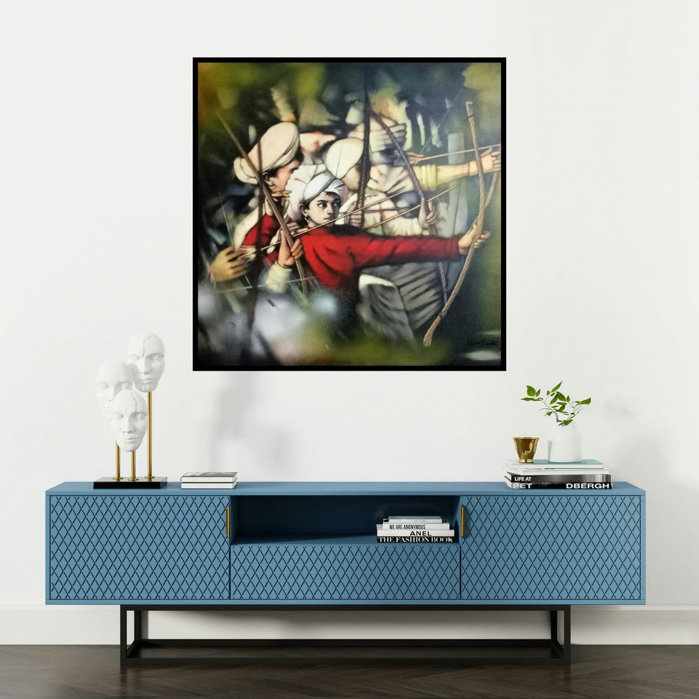 'Laksha 2 (Eye of the Hawk)' painting by Vijay Gille shown on a wall in a furnished room.