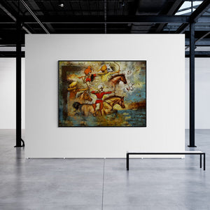 Preview of 'Laksha Series (The Archer's Prowess)' Painting by Vijay Gille shown on a wall in a furnished room.