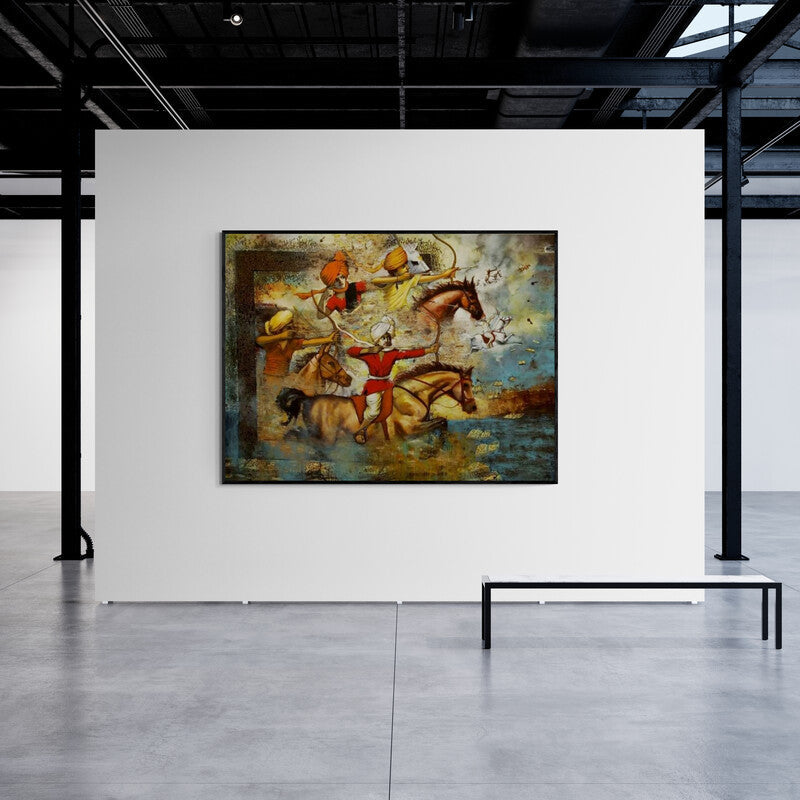 Preview of 'Laksha Series (The Archer's Prowess)' Painting by Vijay Gille shown on a wall in a furnished room.