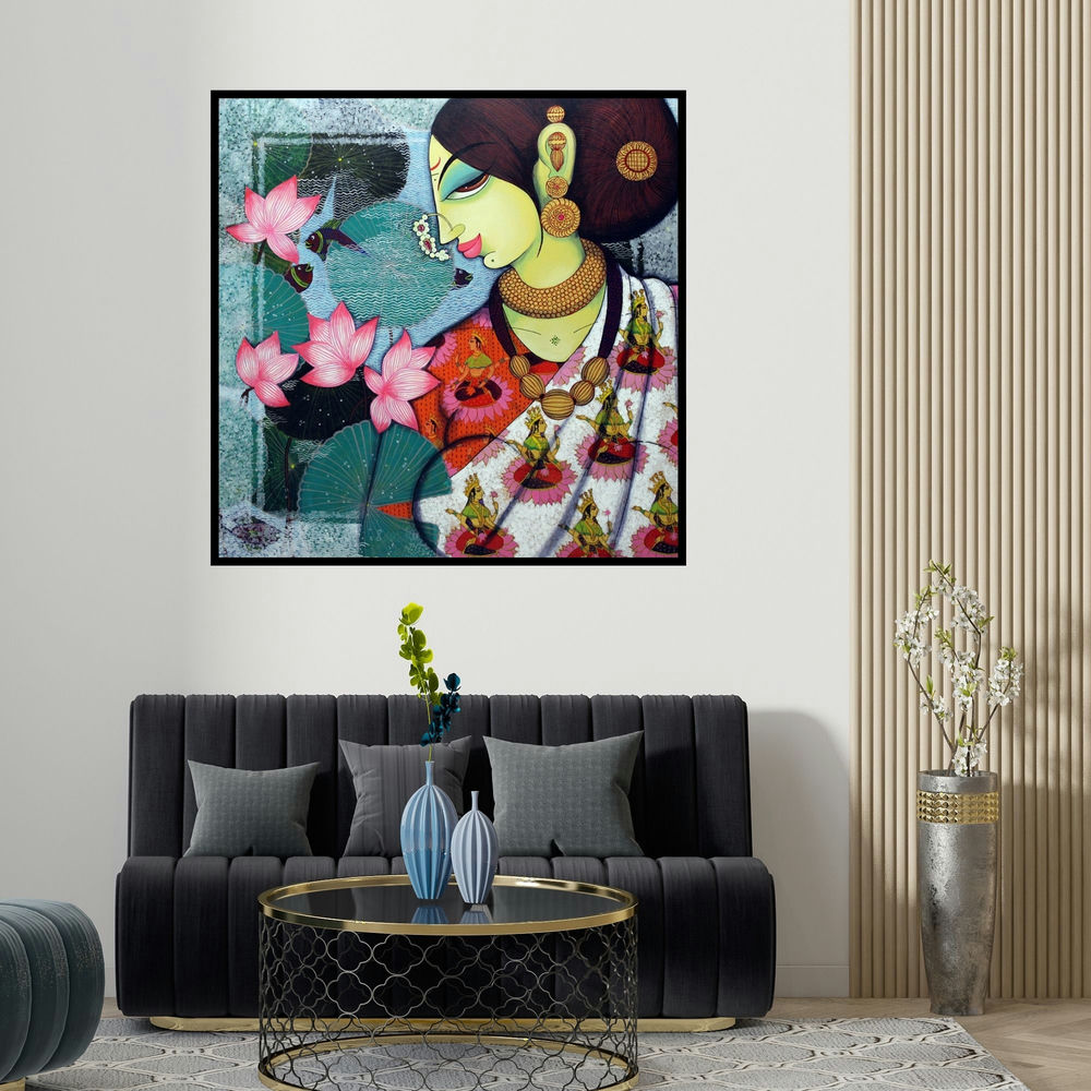Varsha Kharatamal's 'Lakshmi' painting visualized above a sofa in a contemporary room.