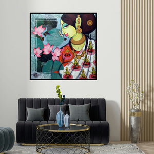 Varsha Kharatamal's 'Lakshmi' painting visualized above a sofa in a contemporary room.