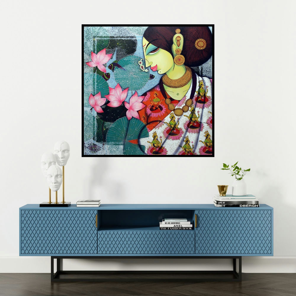 'Lakshmi' painting by Varsha Kharatamal shown on a wall in a furnished room.