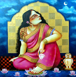 Lakshmi 2' religious acrylic painting by artist Gautam Mukherjee, 24x24 inch, on canvas