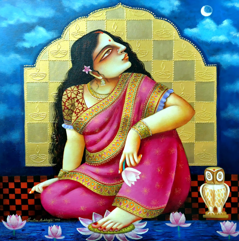 Lakshmi 2' religious acrylic painting by artist Gautam Mukherjee, 24x24 inch, on canvas