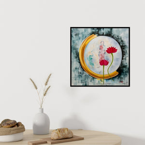 In-situ view of Deepali Mundra's 'Lakshmi (Inner Reflection)' painting in a room