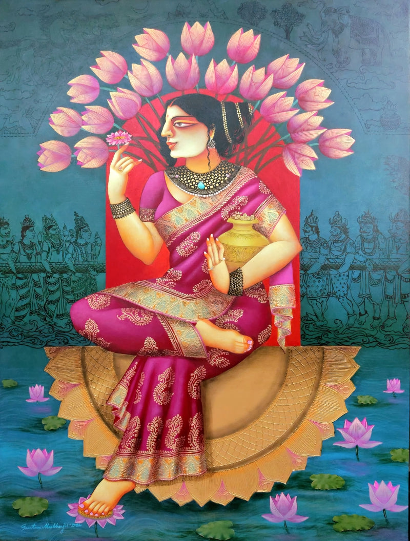 Lakshmi' religious acrylic painting by artist Gautam Mukherjee, 48x36 inch, on canvas