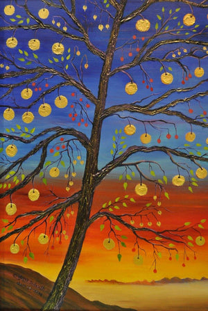 Lakshmi (Golden Harvest) by Subodh Maheshwari, Original Acrylic Landscape Painting on Canvas, Medium Vertical Wall Art